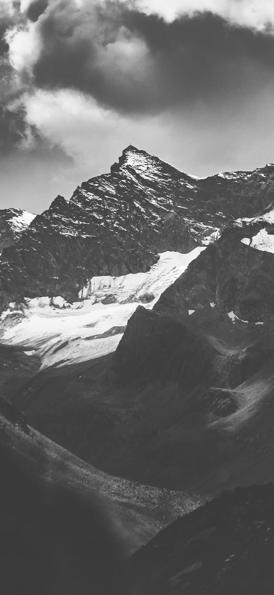 mountains, peaks, bw, snow, snowy, rocks