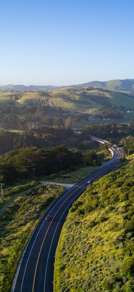 road, winding, relief, hills, distance