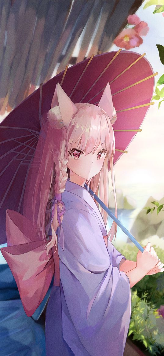 girl, kimono, anime, outfit, umbrella, art