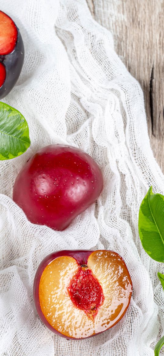 plum, fruit, leaves, cloth, wooden