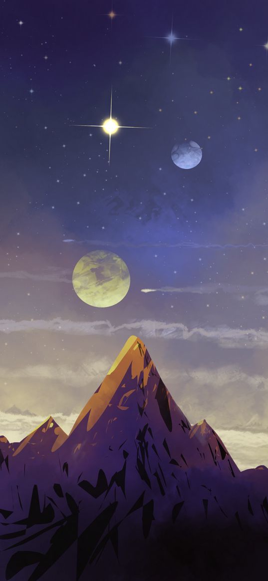 mountains, peaks, moon, stars, art