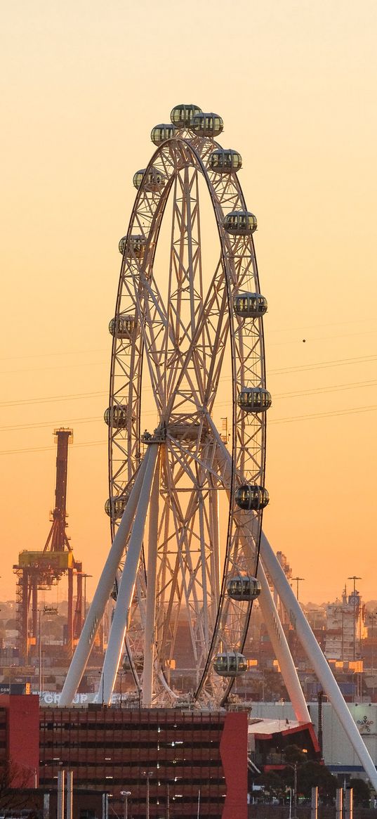 ferris wheel, attraction, city, port, sunset