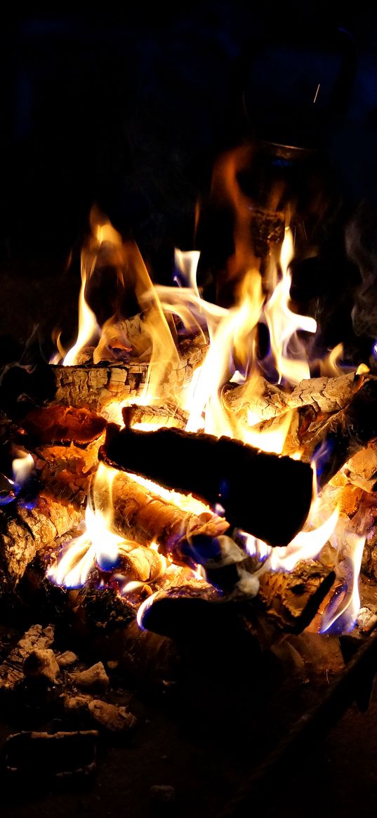 bonfire, flame, logs, coals, black