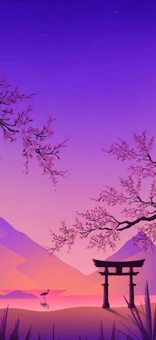 torii, gate, crane, sakura, mountains, art, purple