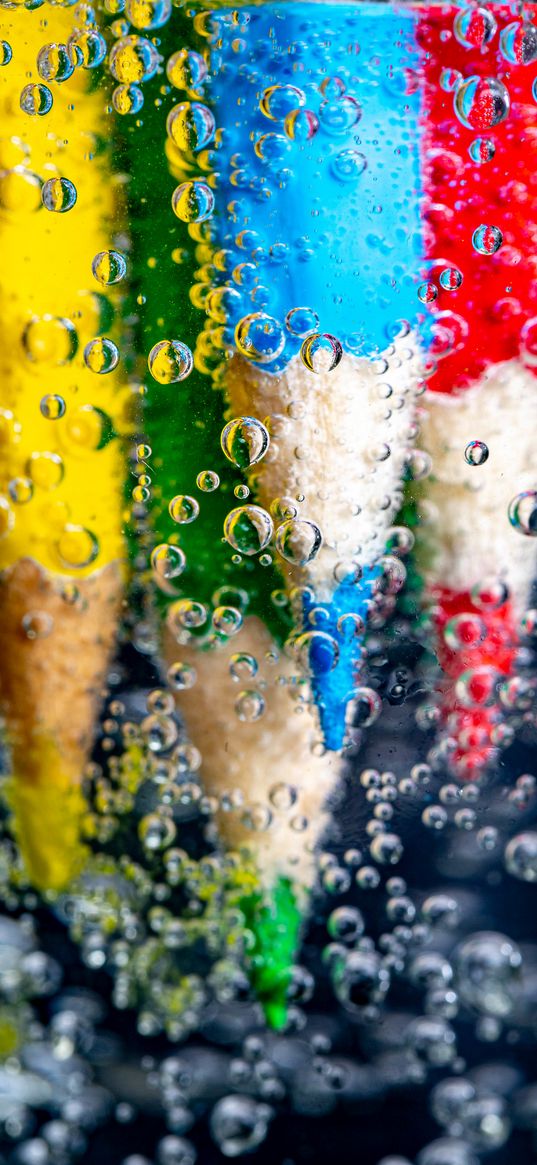 pencils, water, bubbles, colorful