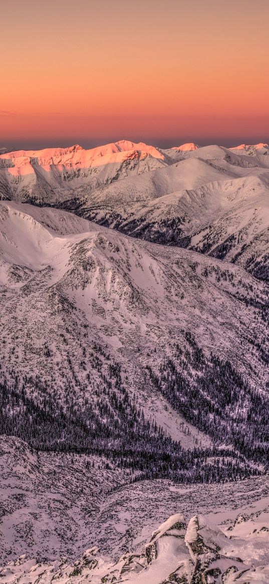 mountains, rocks, snow, snowy, sunset, sky