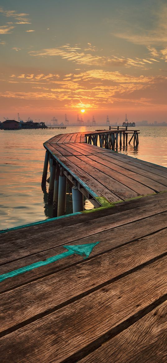 pier, wooden, sunset, port