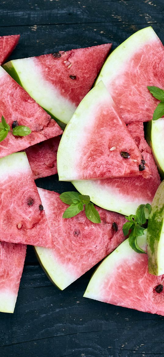 watermelon, slices, mint, red, ripe