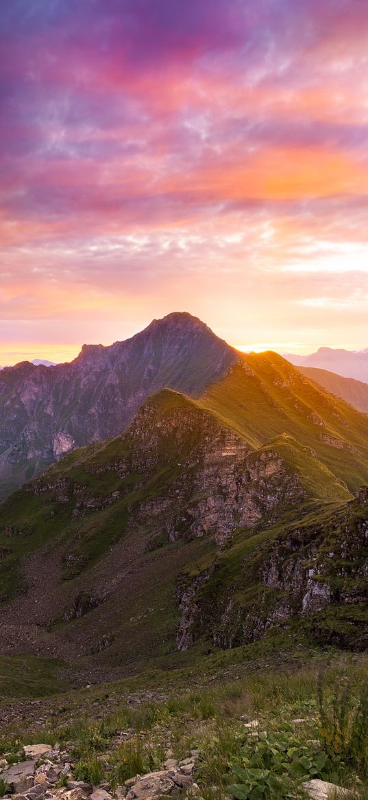 mountains, sunset, landscape, overview, nature