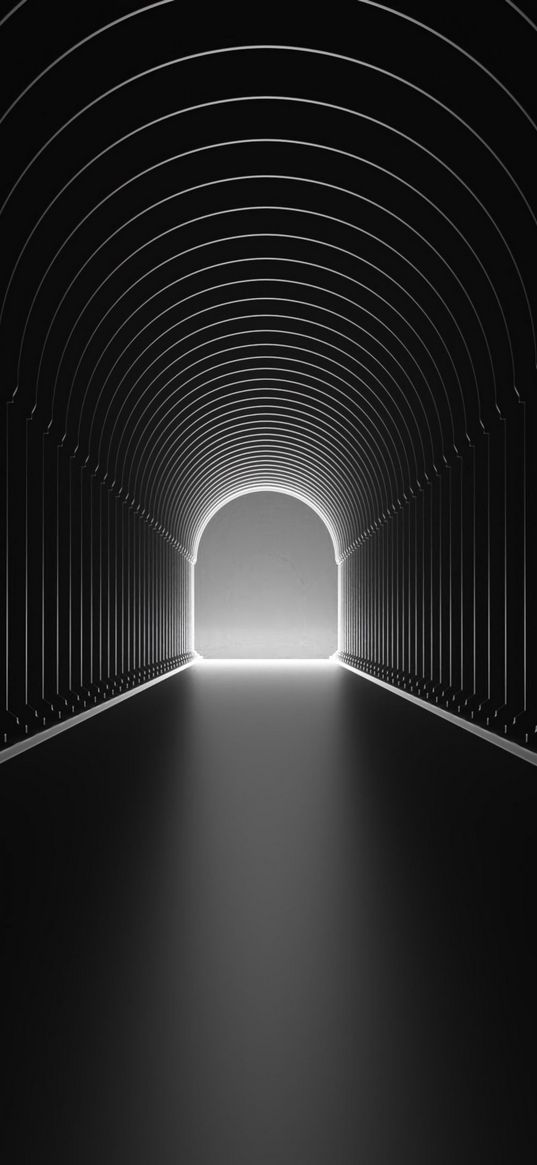 tunnel, arch, distance, bw, glow