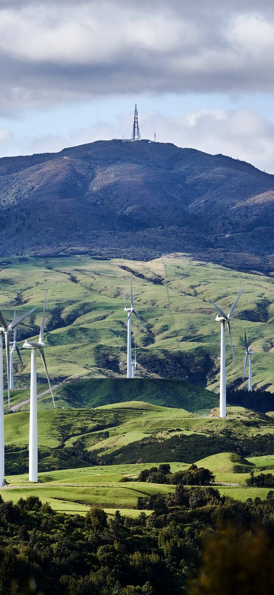 wind turbine, hills, landform, grasses