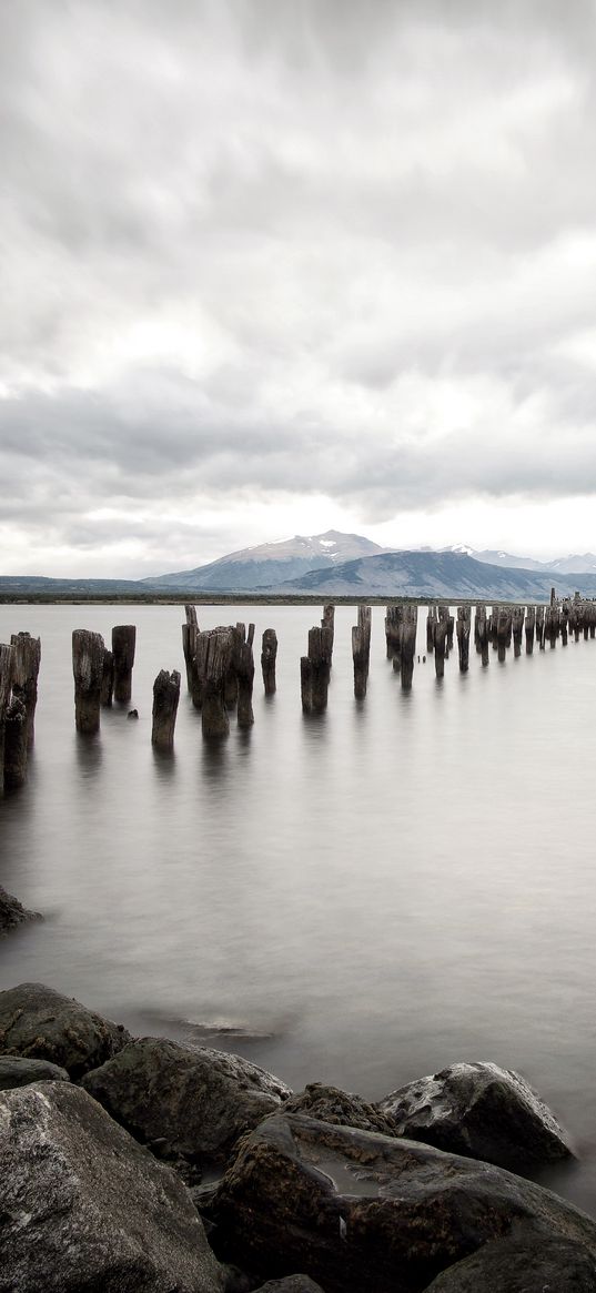 sea, distance, mountains, pillars