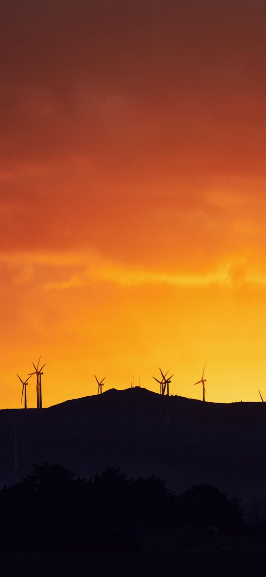 mountains, windmills, silhouette, sunset, sky