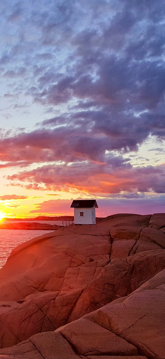 hut, coast, rocks, sunset, sea