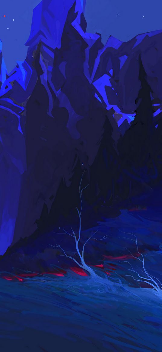 night, driftwood, mountains, trees, art