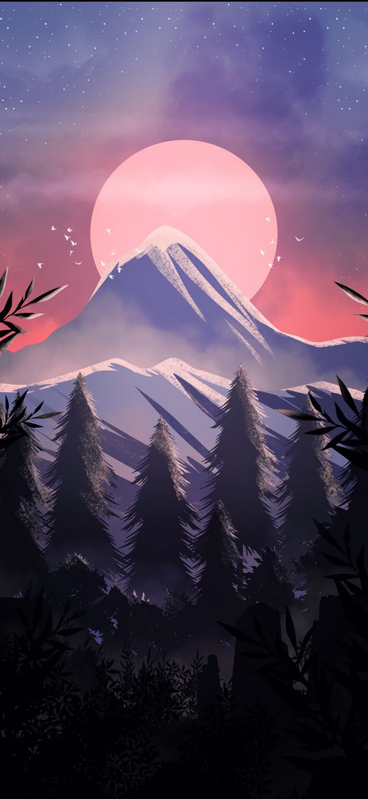 mountains, moon, spruce, branches, art