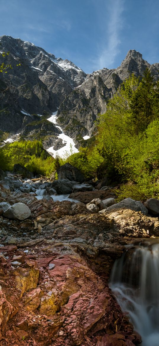 mountains, rocks, trees, branches, snowy