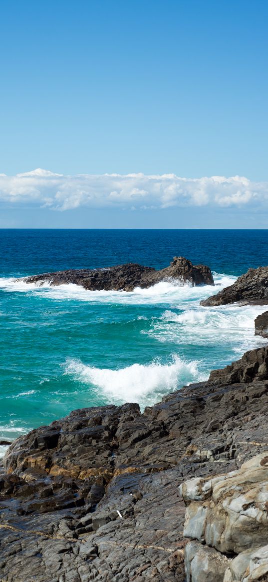 coast, rocks, surf, horizon, sea