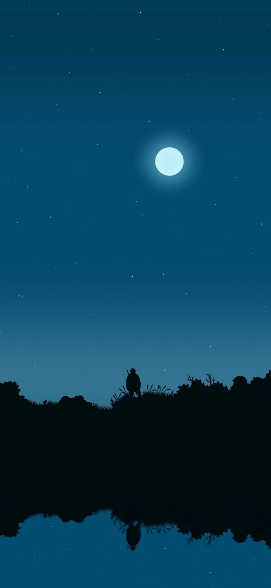 fisherman, silhouette, night, moon, art