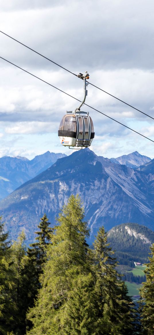 cabin, cable car, spruce, mountains, sky