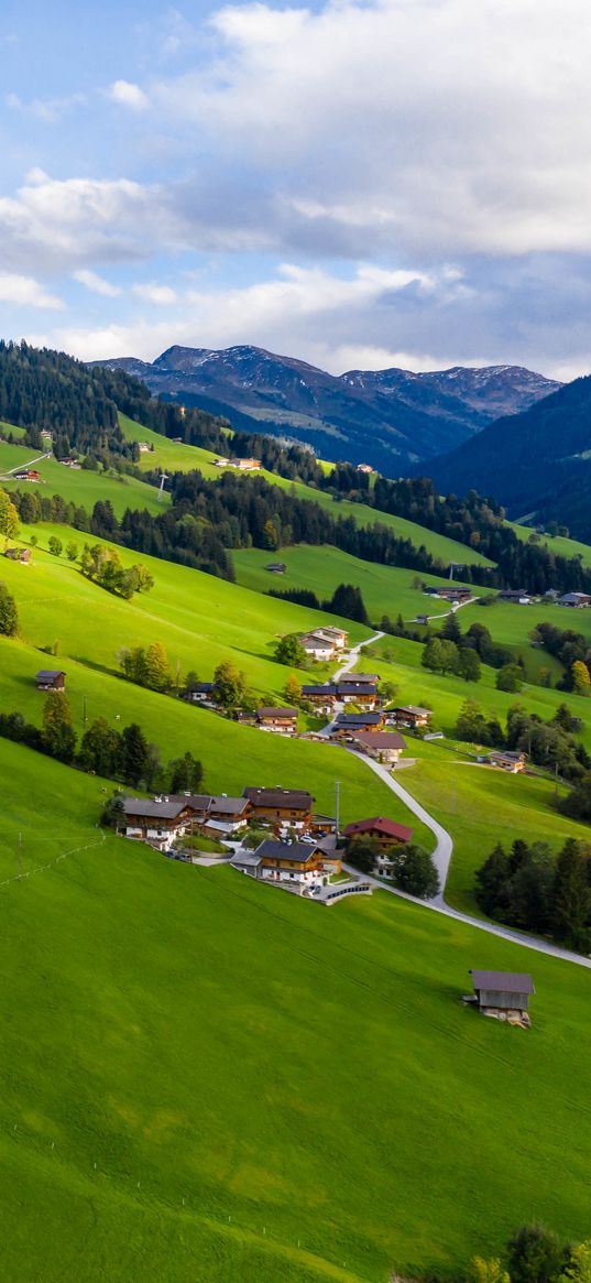 village, field, slope, grass, sky