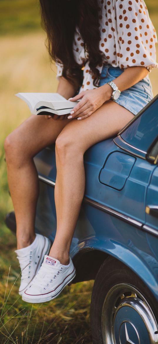 girl, book, sneakers, reading, car