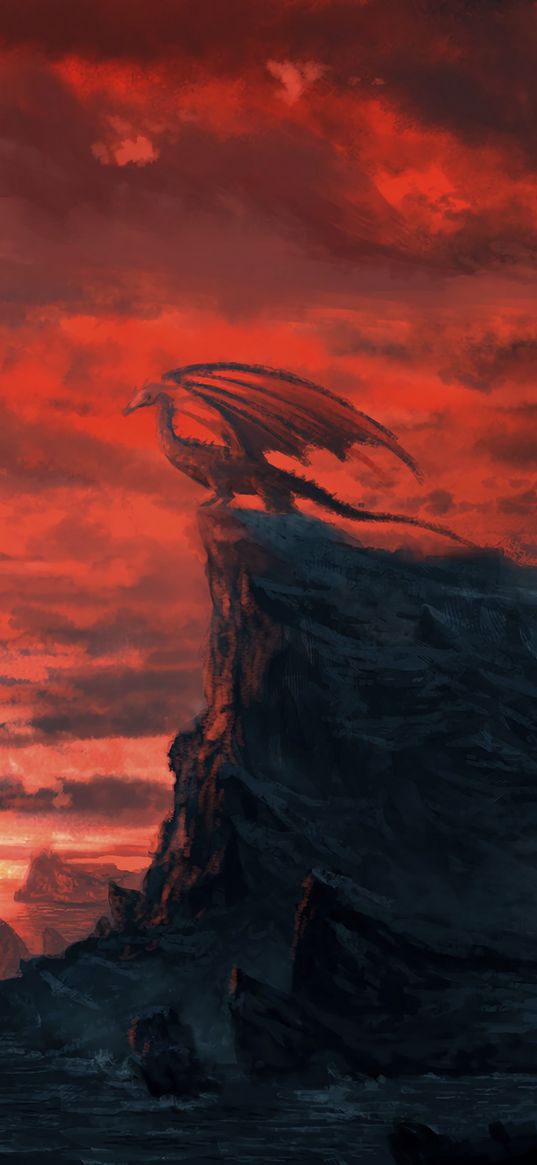 dragon, rock, cliff, sunset, art