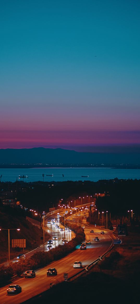 road, cars, night, lights, winding