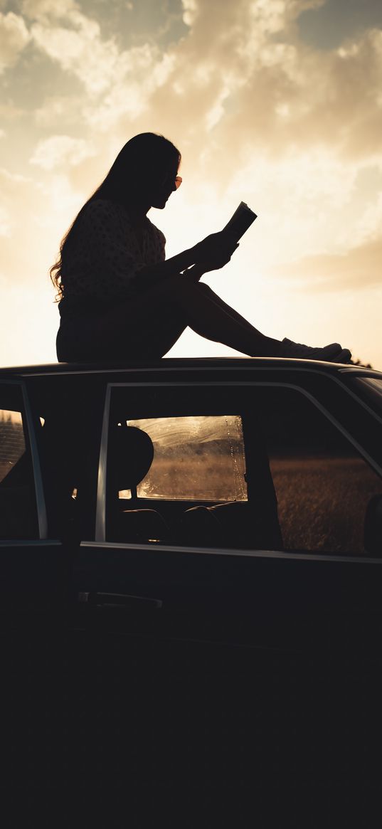 girl, reading, books, silhouette, car