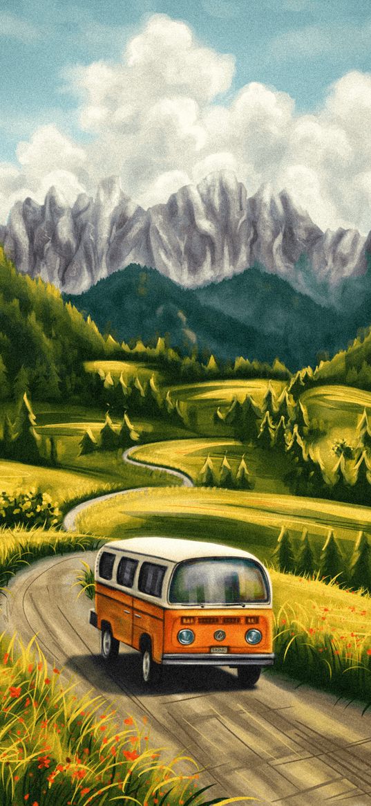 van, travel, summer, path, art