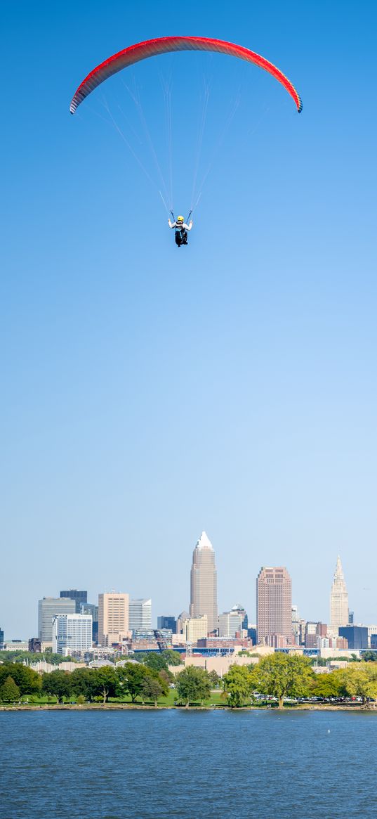 paragliding, flight, buildings, sea, city