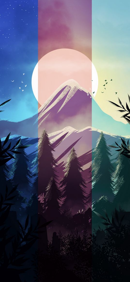 mountains, spruce, trees, moon, art