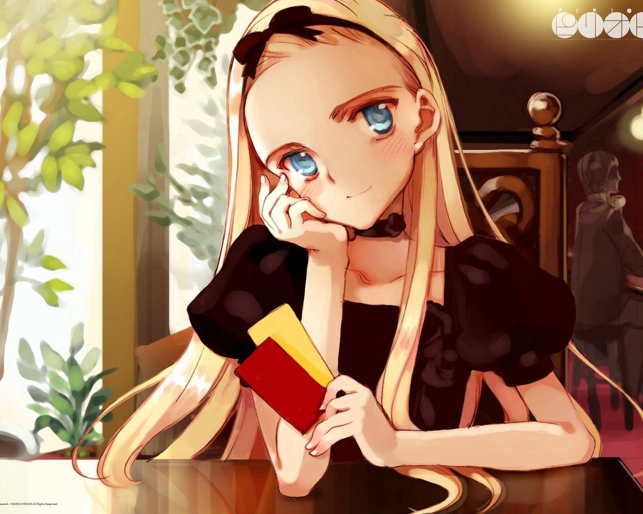 anime, girl, blonde, cafe, cards, look