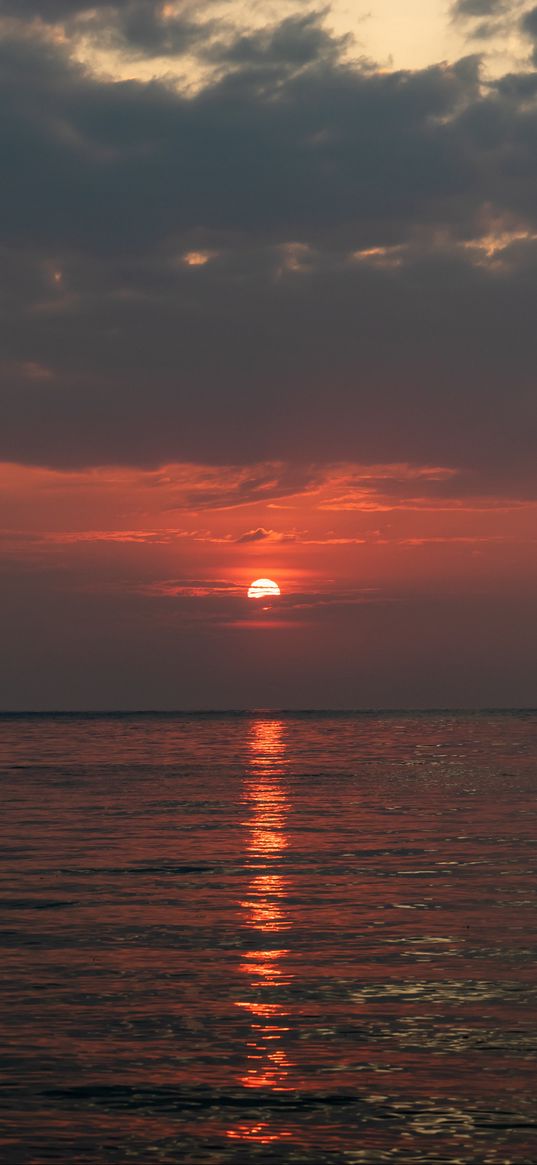 sunset, glare, sea, horizon, clouds