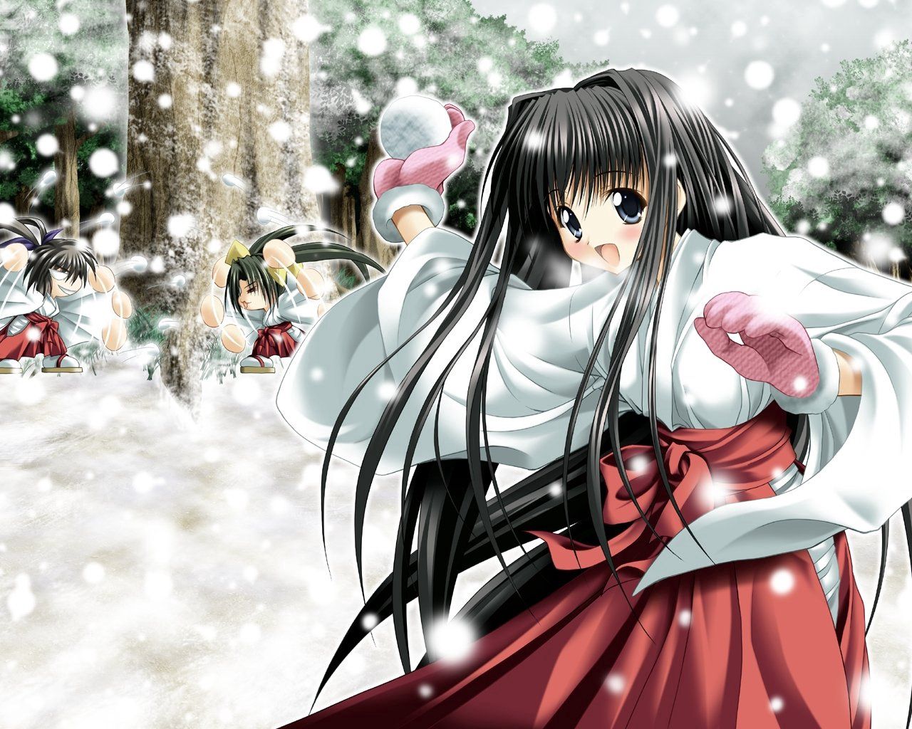 girl, brunette, kimono, snowballs, playing, snow