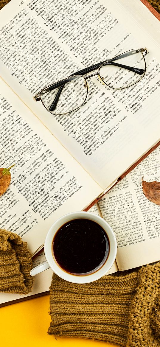 books, mug, glasses, leaves, sweater