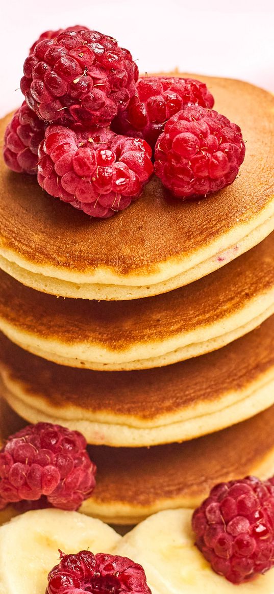 pancakes, raspberries, berries, banana, dessert