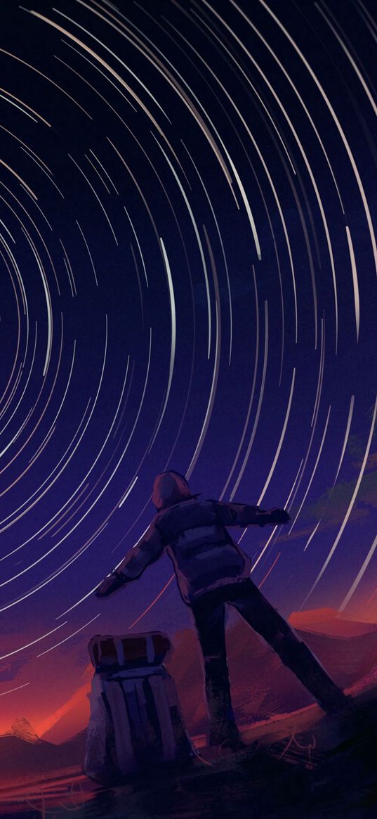 man, backpack, starry sky, night, art