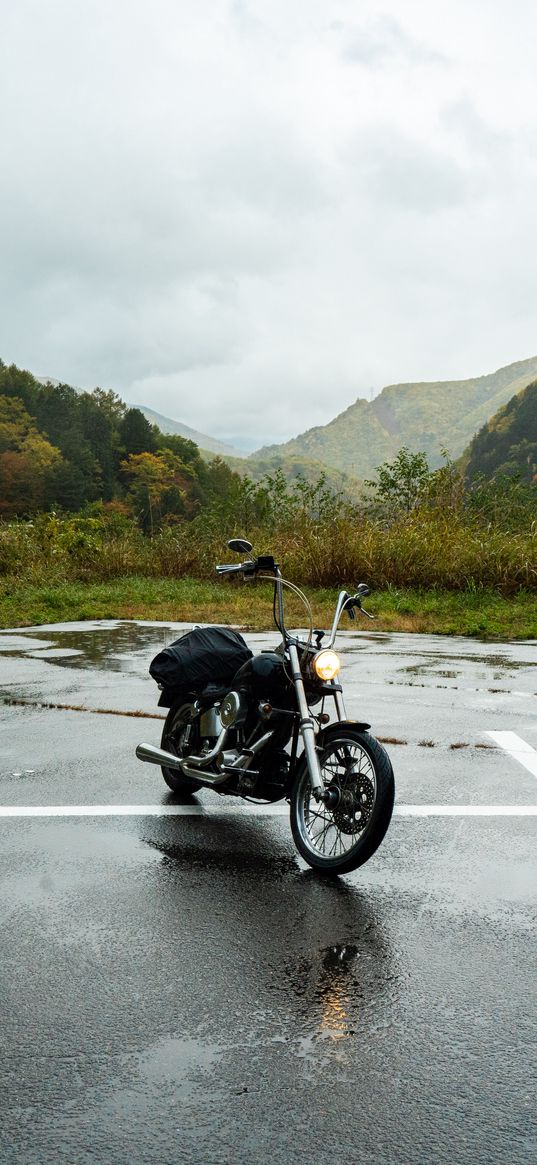 motorcycle, bike, chopper, asphalt, wet