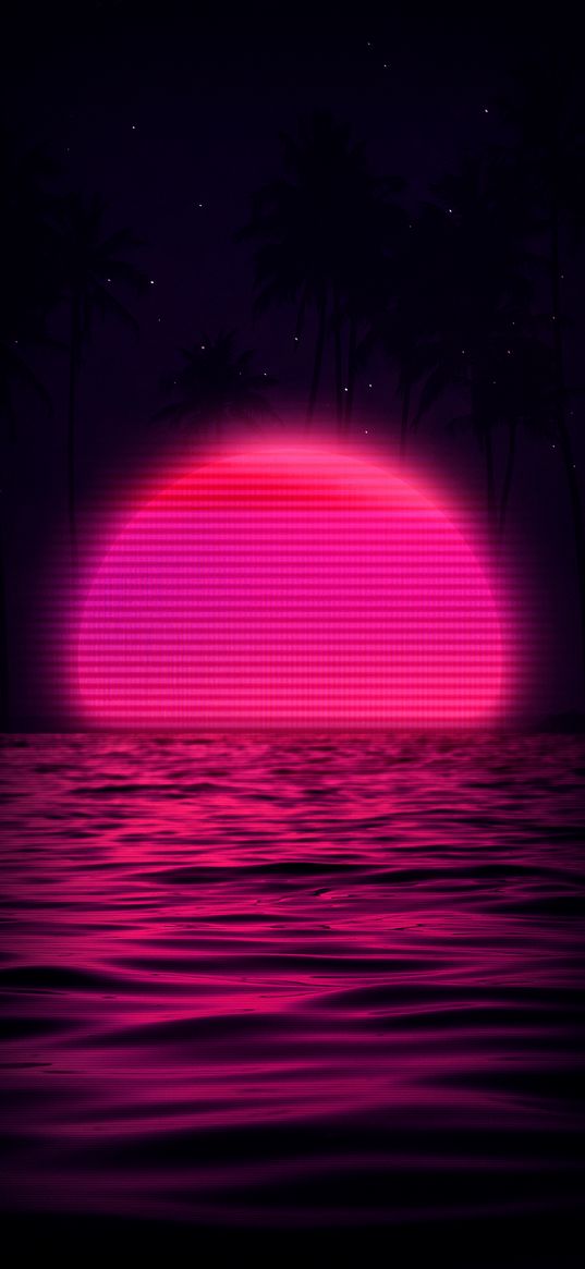 sunset, waves, neon, retrowave, dark, glow