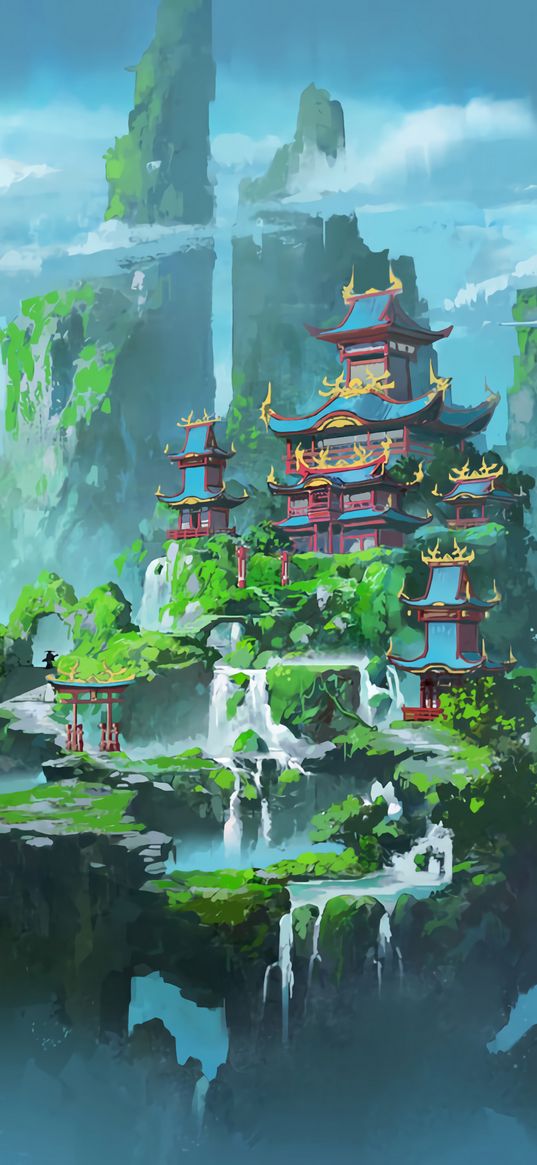 pagoda, castle, rocks, waterfall, clouds, art