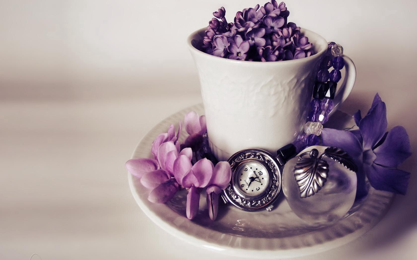 lilacs, flowers, watches, perfumes, tea set