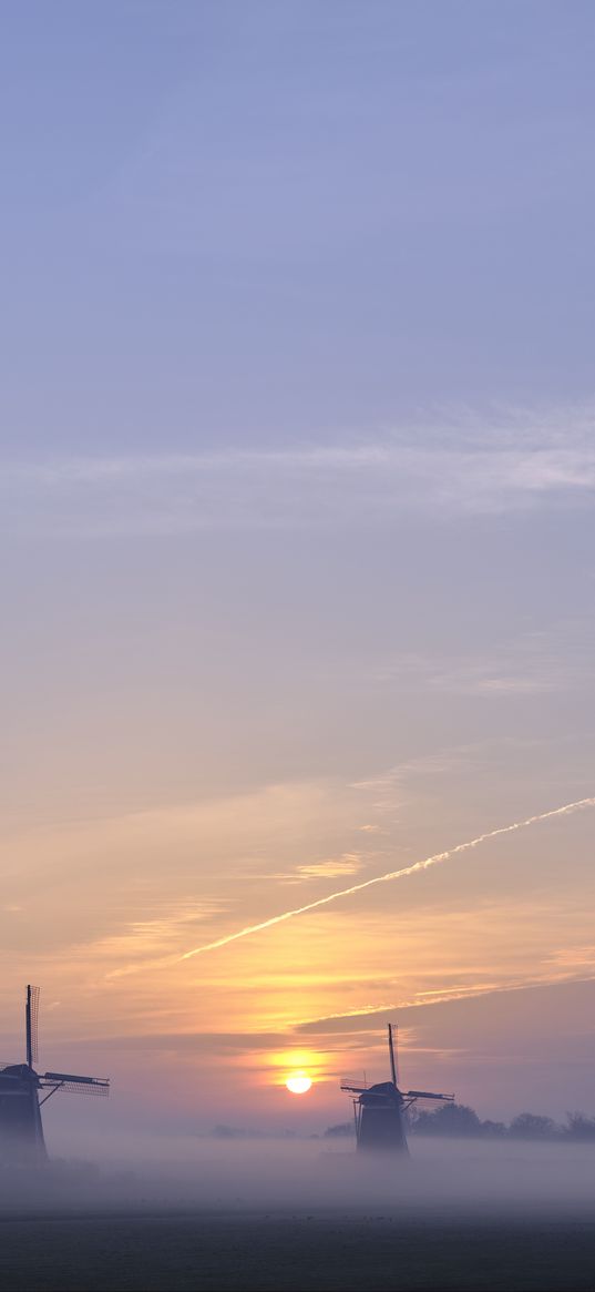 sunset, windmills, fog, dusk, landscape