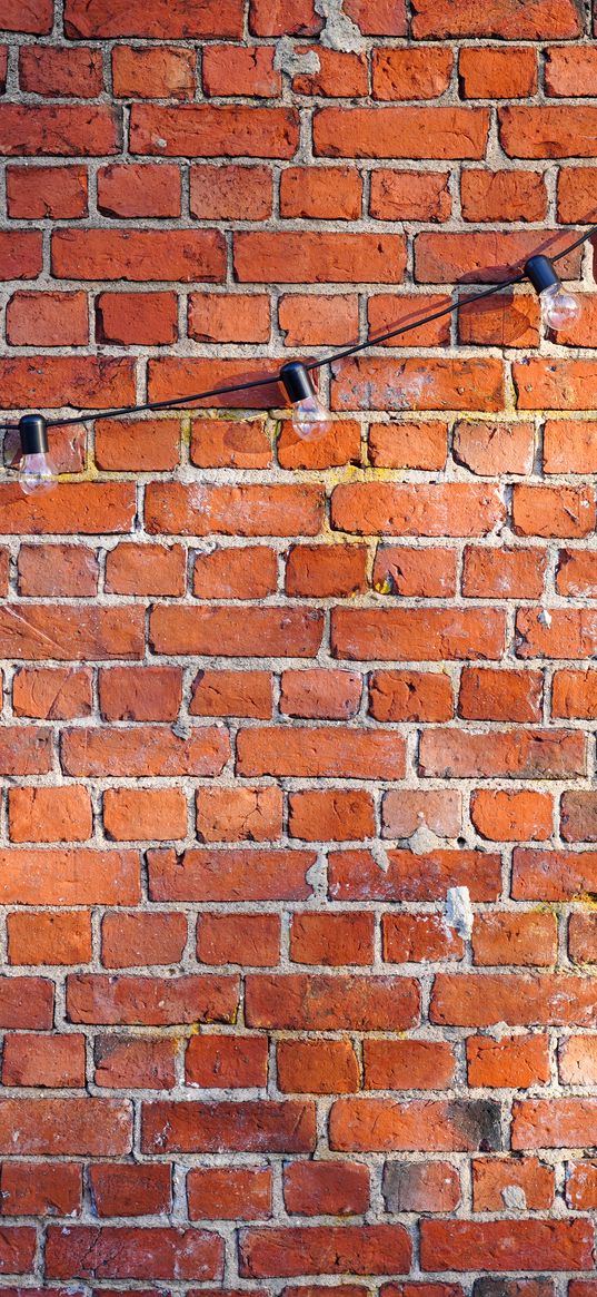 wall, brick, garland, light bulbs