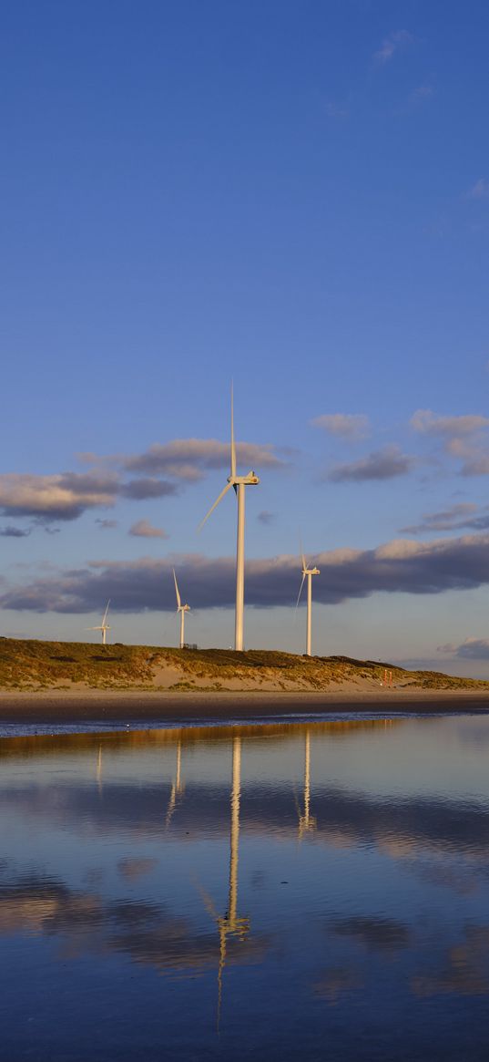 wind farm, turbines, lake, shore, nature