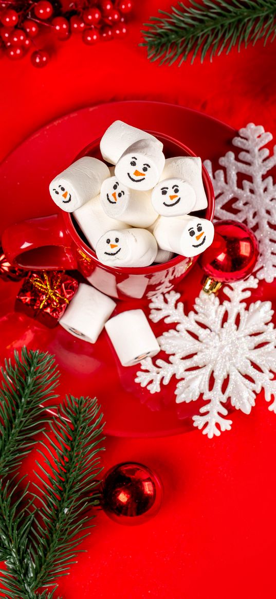 mug, marshmallow, snowflakes, balls, branches, christmas