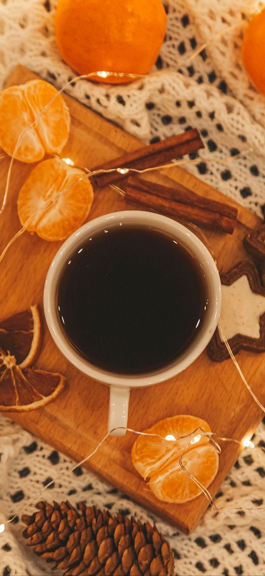 cup, tea, tangerines, cookies, garland, pine cones, cinnamon