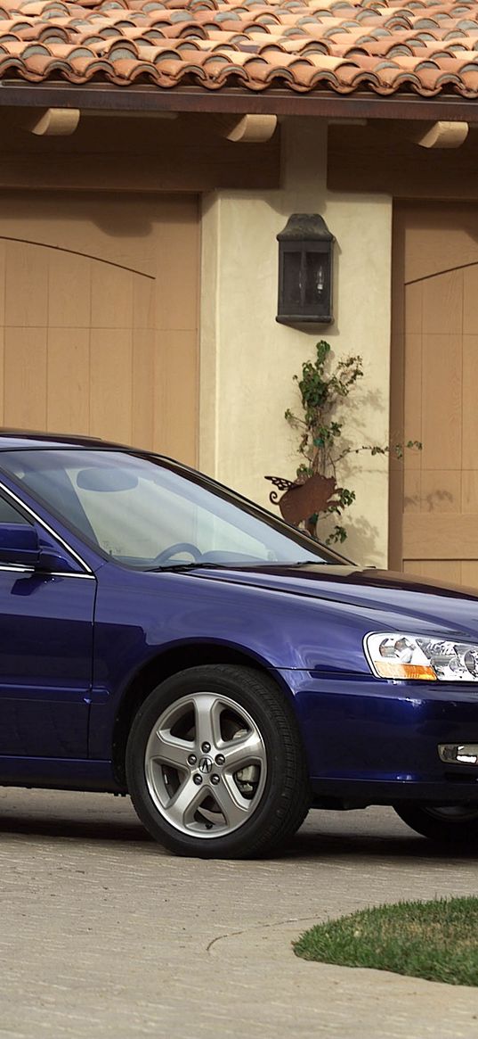 acura, tl, 2002, blue, side view, style, cars, buildings, grass, asphalt