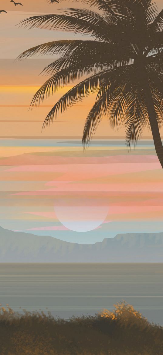 sunset, sea, palm tree, birds, landscape, art