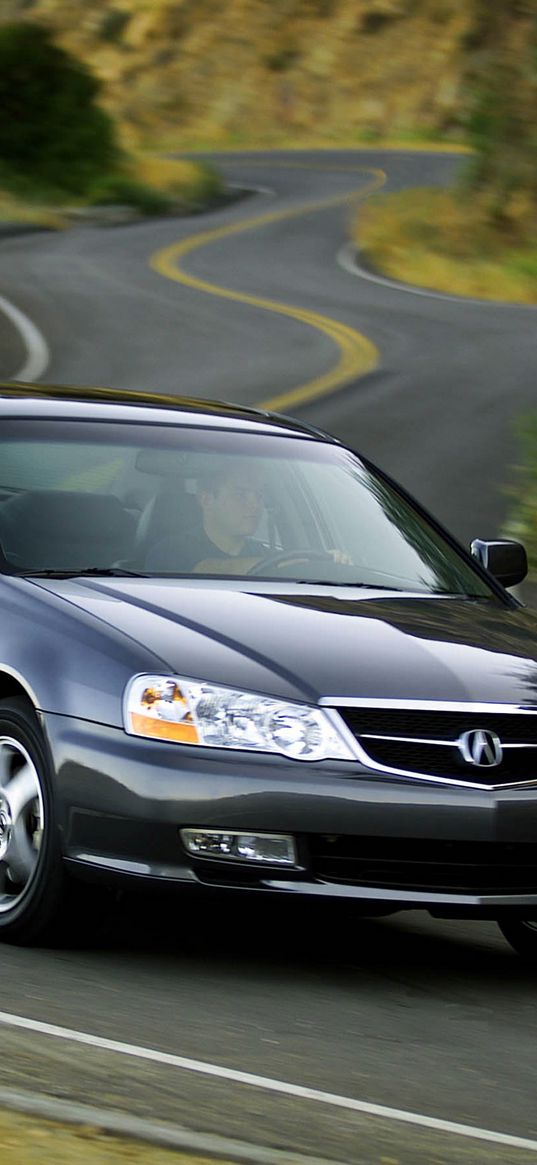 acura, tl, 2002, blue, front view, style, cars, nature, shrubs, grass, trees, highway